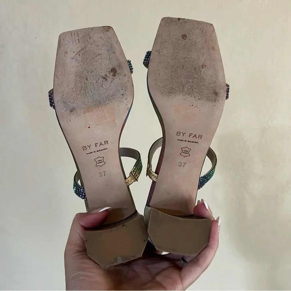 By Far Tanya multicolor rainbow iridescent crystal heeled mule sandal 37/7